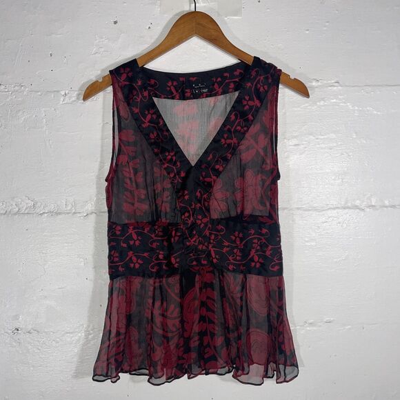 ECI New York Black Red Floral Sheer Silk Sleeveless Blouse Fitted Top Size 8 - Picture 2 of 9